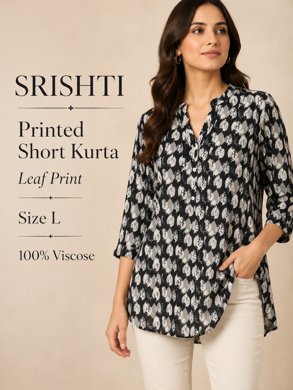 Srishti Printed Short Kurta Tunic Top Size L Black Gray Leaf Print Boho